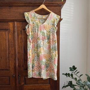 C&C California Linen Tropical Floral Ruffle Sleeve Dress